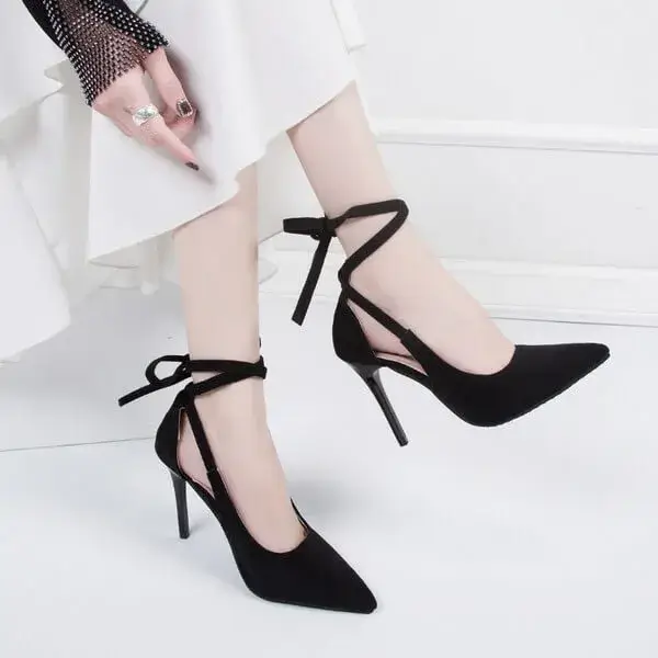 Pickupshoe Women Fashion Solid Color Plus Size Strap Pointed Toe Suede High Heel Sandals Pumps