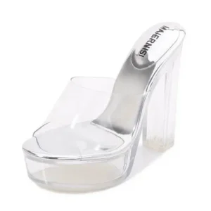 Pickupshoe Women Fashion Plus Size Transparent Crystal Chunky Heel Platform High