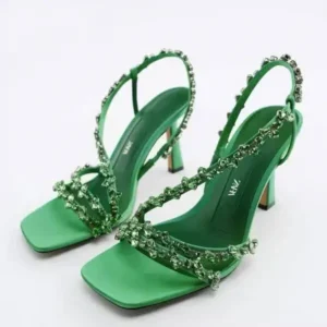 Pickupshoe Women Fashion Plus Size Sexy Rhinestone Strap Square Toe Heeled Sandals