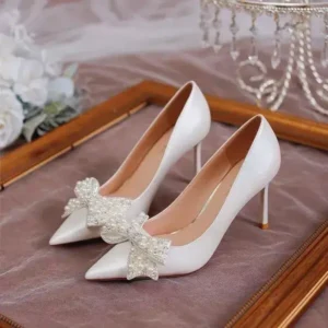 Pickupshoe Women Fashion Sexy Pointed Satin Pearl Pointed Toe Shoes