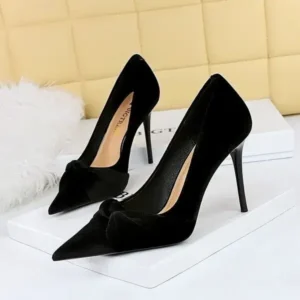 Pickupshoe Women Fashion Sexy Plus Size Pointed Toe Suede Bow High Heels Shoes