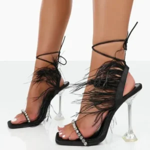 Pickupshoe Women Fashion Sexy Rhinestone Feather Decorative Solid Color High Heel Sandals Shoes