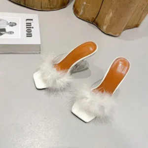 Pickupshoe Women Fashion Sexy Feather Decoration Solid Color Chunky High Heel Slippers Shoes