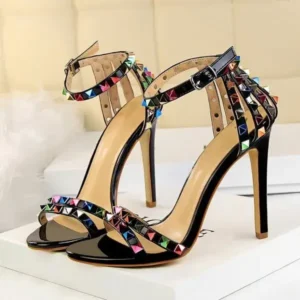 Pickupshoe Fashion Women Sexy 11cm High Heels Rivets Studded Sandals Ankle Buckle Strap Stiletto Shoes