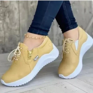 Pickupshoe Women Casual Round Toe Low Cut Lace-Up PU Side Zipper Design Solid Color Sneakers