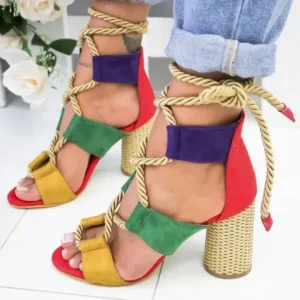 Pickupshoe Women Fashion Sexy Cross Hollow Lace Up Design Color Blocking High Heel Sandals Shoes