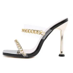 Pickupshoe Women Sexy Plus Size Metal Chain Square-Toe High Heel Sandals