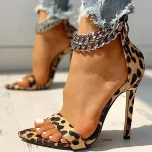 Pickupshoe Women Sexy Metal Chain Buckle Ankle Strap Animal Printed High Heels