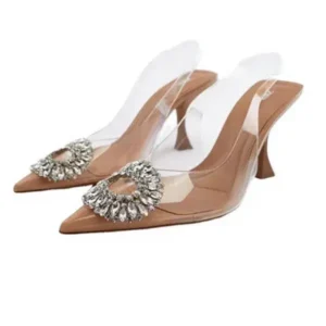 Pickupshoe Summer Women Fashion Plus Size Pointed Toe Rhinestone Transparent Heeled Sandals