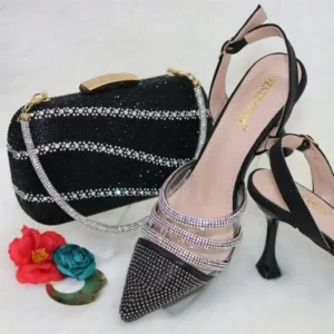 Pickupshoe Women Classic Black Pointed Shoes Transparent Pvc Rhinestone Chain Square Hand Bag Set