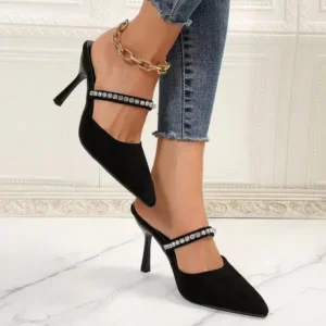 Pickupshoe Summer Women Fashion Plus Size Elegant Pointed Toe Strap Rhinestone Stiletto Heel Slippers