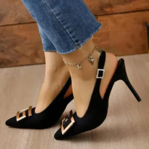 Pickupshoe Summer Women Fashion Casual Plus Size Solid Color Pointed Toe Metal Buckle Sling Back High Heel Sandals