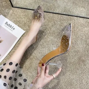 Pickupshoe Women Fashion Sexy Rhinestone Decorative Pointed Toe Transparent High Heel Sandals