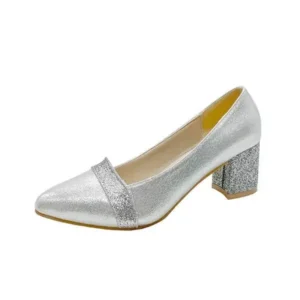 Pickupshoe Women Fashion Casual Sequins Pointed Toe Pumps With Chunky Heels