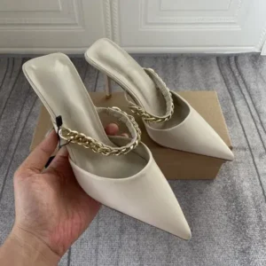 Pickupshoe Women Sexy Chain Design Pointed Toe Solid Stiletto Mules