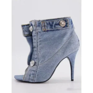 Pickupshoe Women Fashion High Heel Denim Button High Top Boots