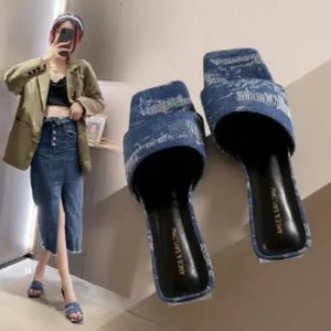 Pickupshoe Women Fashion Casual PU Denim Square Toe Chunky Heel Slippers