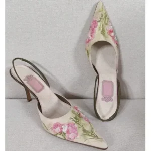 Pickupshoe Women Fashion Elegant Floral Printed Pointed Toe Stiletto Heel Sandals