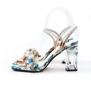 Pickupshoe Women Fashion Sexy PU Rhinestone Floral Printed Square Toe Chunky Heel ?Sandals