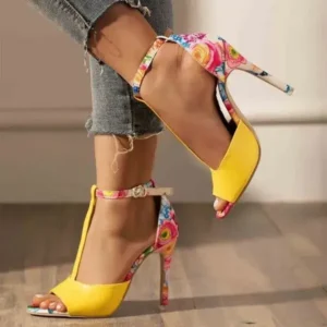 Pickupshoe Women Fashion Sexy Floral Printed Peep Toe Stiletto Heel Ankle Strap Buckle Sandals