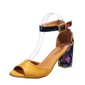 Pickupshoe Women Fashion Sexy PU Floral Printed Peep Toe Chunky Heel Ankle Strap Buckle Sandals