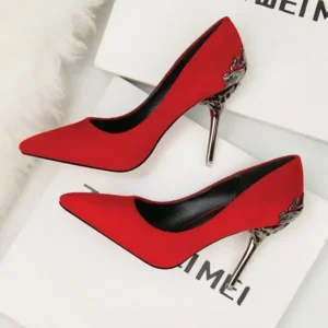 Pickupshoe Women Fashion Sexy PU Solid Color Pointed Toe Metal Stiletto Heel Pumps