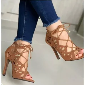 Pickupshoe Women Fashion Sexy Solid Color Hollow Peep Toe Stiletto Heel Bandage Sandals