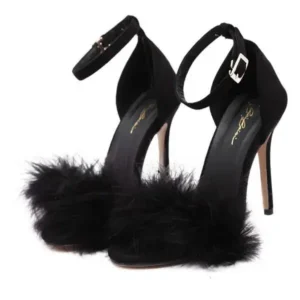 Pickupshoe Women Fashion Sexy PU Solid Color Feather Peep Toe Stiletto Heel Ankle Strap Buckle Sandals