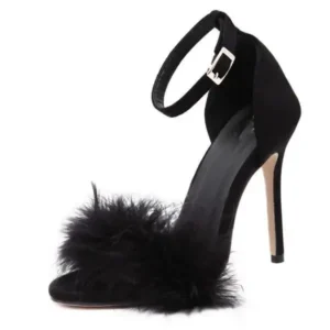 Pickupshoe Women Fashion Sexy Solid Color Feather Peep Toe Stiletto Heel Ankle Strap Buckle Sandals