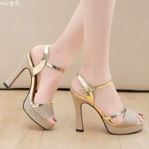 Pickupshoe Women Fashion Elegant PU Round Toe Platform Ankle Strap Buckle Sandals