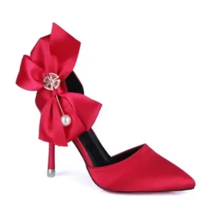 Pickupshoe Women Fashion Elegant Solid Color PU Pointed Toe Bowknot Pumps