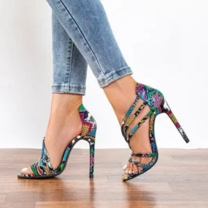 Pickupshoe Women Fashion Sexy PU Snake Patterned Pointed Toe Stiletto Heel Sandals