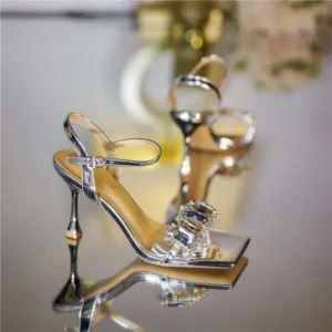 Pickupshoe Women Fashion Sexy PU Rhinestone Square Toe Ankle Strap Buckle Stiletto Heel Sandals