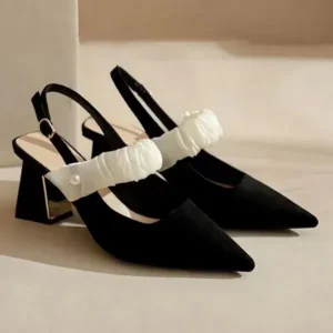 Pickupshoe Women Fashion Elegant Solid Color PU Pointed Toe Kitten Heel Sandals