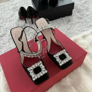 Pickupshoe Women Fashion Elegant PU Square Toe Rhinestone Stiletto Heel Ankle Strap Buckle Sandals