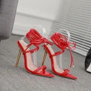 Pickupshoe Women Fashion Sexy Solid Color PU Bandage Stiletto Heel Sandals