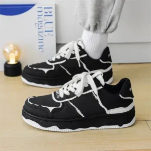 Pickupshoe Men'S Fashion Black White Breathable Canvas Sneakers